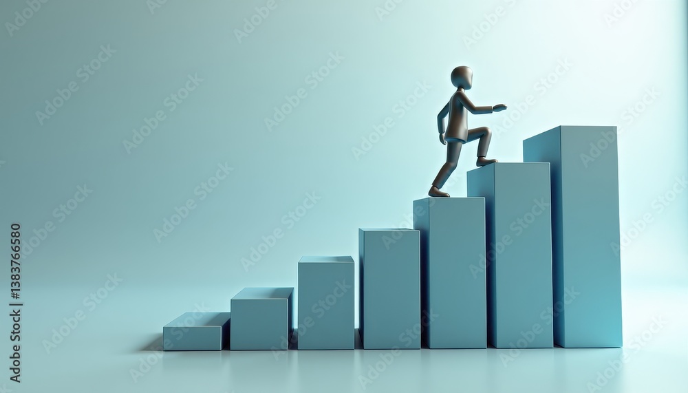 This illustration depicts a minimalist 3D figure climbing a series of ascending blue blocks, resembling a bar graph or staircase. The figure is shown mid-stride. This illustration depicts a minimalist 3D figure climbing a series of ascending blue blocks, resembling a bar graph or staircase. The figure is shown mid-stride.