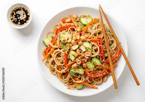 A vibrant and refreshing soba noodle salad bursting with crunchy peanuts, colorful bell peppers, and cool cucumbers, served on a crisp white plate with wooden chopsticks.