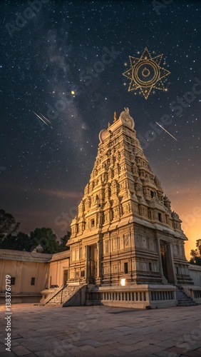 Celestial Radiance A Grand South Indian Gopuram Illuminated in Golden Glory Beneath a Starry Sky