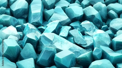 Pile of turquoise-colored crystals, showcasing their sharp edges and reflective surfaces. The arrangement creates a visually appealing texture and depth. Mineral pattern macro background.