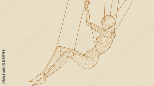 Marionette sketch of female puppet on beige background
