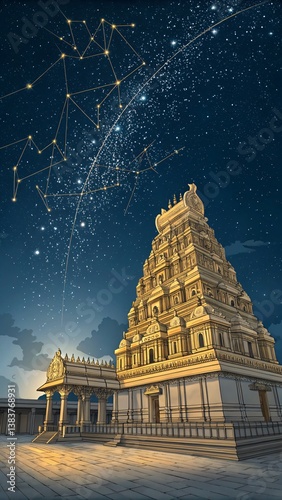 Celestial Radiance A Grand South Indian Gopuram Illuminated in Golden Glory Beneath a Starry Sky