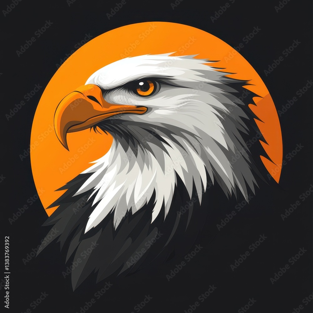 Detailed illustration of a majestic bald eagle against a vibrant orange background Detailed illustration of a majestic bald eagle against a vibrant orange background