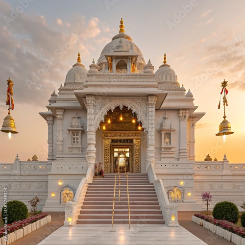 Ethereal Sanctum A Majestic White Marble Hindu Temple Bathed in Golden Light and Sacred Serenity