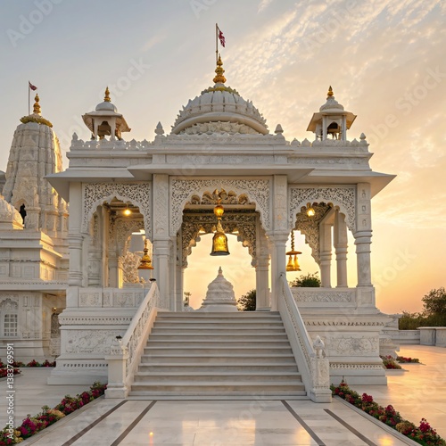 Ethereal Sanctum A Majestic White Marble Hindu Temple Bathed in Golden Light and Sacred Serenity