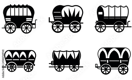 Covered Wagon Vector Icons – Vintage Western Frontier Silhouettes Set