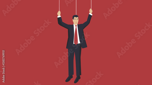 Marionette businessman hanging on strings over red background
