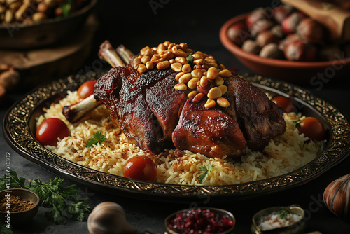 Middle Eastern Lamb Feast – Slow-Roasted Leg of Lamb on Aromatic Rice with Toasted Nuts