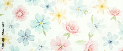 Light and delicate watercolor floral pattern featuring soft pink, blue, and yellow blossoms on a gentle white background, perfect for spring and summer designs.