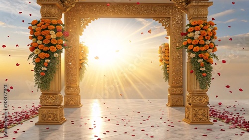 Golden Gateway of Divinity A Radiant Portal Adorned with Floral Splendor and Celestial Light