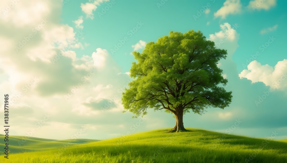 Obraz premium Green Tree Standing Tall On Rolling Hills Under A Cloudy Blue Sky Depicting Serenity And Natural Beauty
