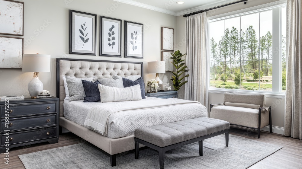 Fototapeta premium Sophisticated bedroom design with subtle contrast in textures, modern accessories, and warm inviting colors -