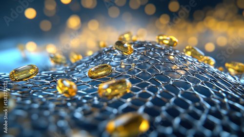 Yellow Capsules on Dark Blue Mesh Network Abstract Medical Background