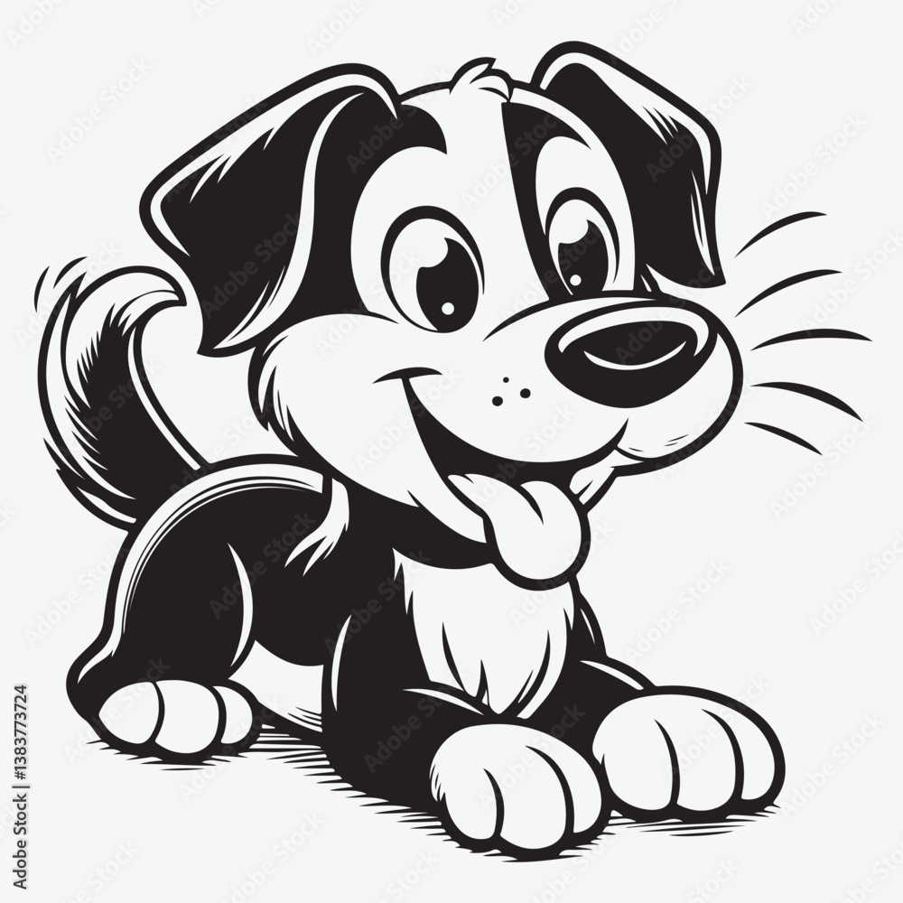 Fototapeta premium A Dog cartoon character vector illustration in black monochrome style isolated on white background stock illustration