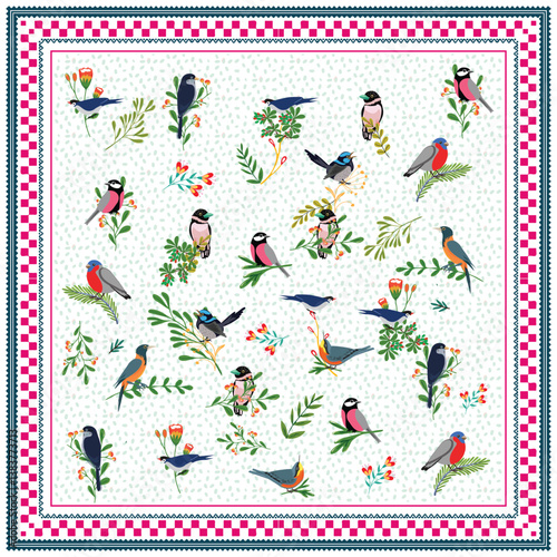 Square birds and leaf scarf with dotted square line, Illustration of colorful birds and plants on a dotted background.