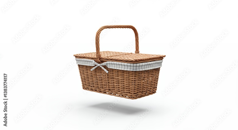 Classic Wicker Picnic Basket with Gingham Accent on a Clean White Backdrop Classic Wicker Picnic Basket with Gingham Accent on a Clean White Backdrop