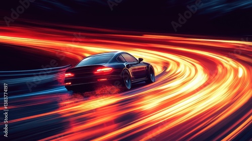 A sleek sports car accelerating around a vibrant colorful corner