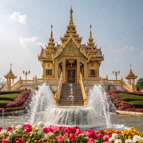 Opulent Golden Thai Temple A Regal Display of Elegance with Cascading Water and Floral Adornments