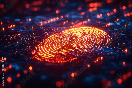 A futuristic security key embedded in a glowing biometric fingerprint scanner, neon cyber grid background, ultra-high detail, realistic reflections, cybernetic textures