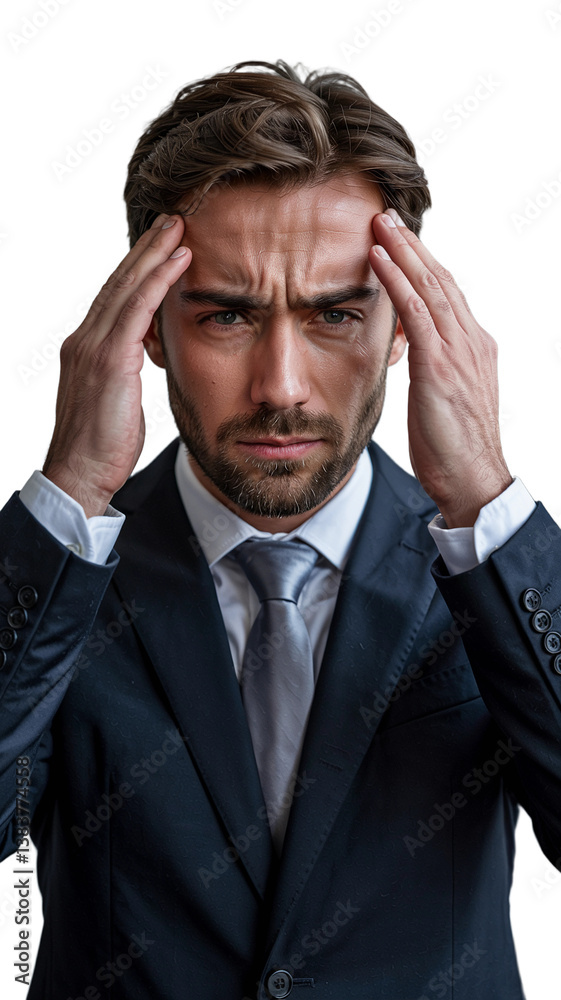 Man in formal suit expressing stress and frustration while standing against a plain background Man in formal suit expressing stress and frustration while standing against a plain background