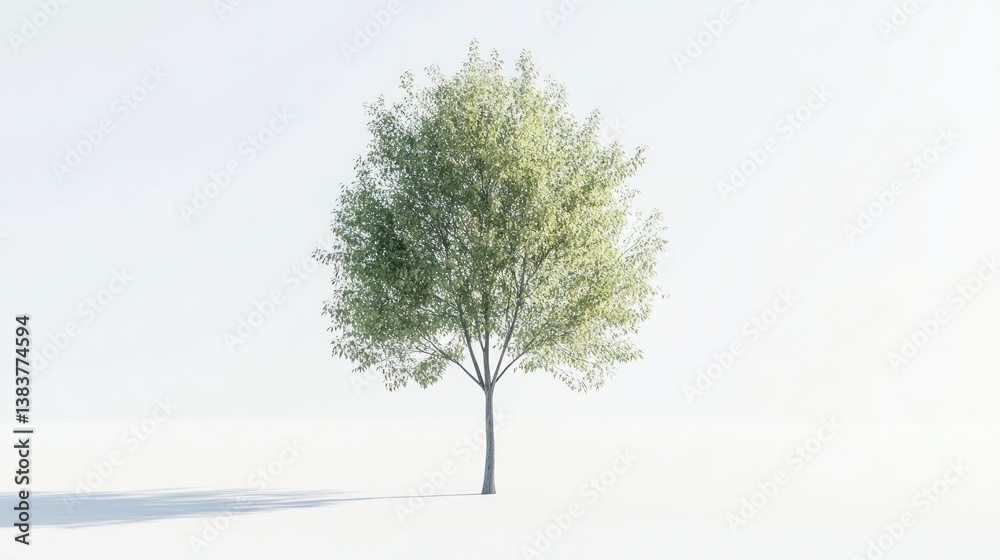 Fototapeta premium Solitary tree casting shadow on pure white backdrop in minimalist aesthetic