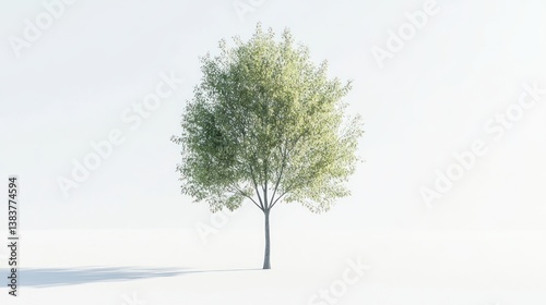 Solitary tree casting shadow on pure white backdrop in minimalist aesthetic photo