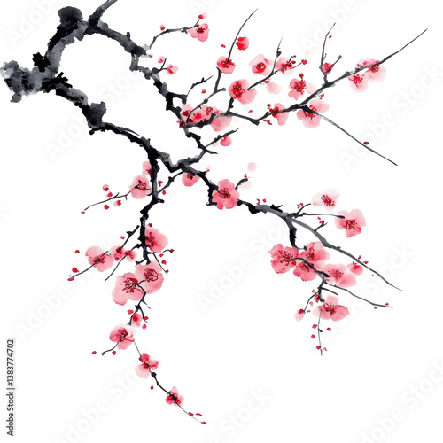 Plum blossom branch in traditional Chinese ink painting style with delicate pink flowers and black ink accents, Plum blossom with Chinese ink painting style Transparent background