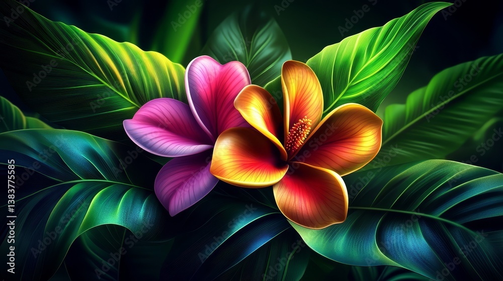 Obraz premium Tropical Bloom: A Pair of Vibrant Flowers in Pink and Orange, Nestled Among Lush Green Leaves