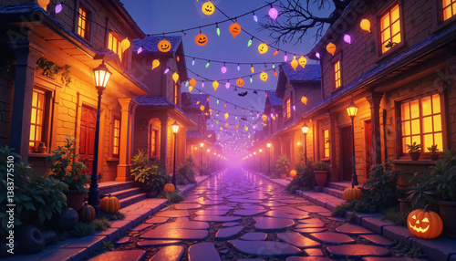 Spooky Halloween street illuminated with decorations, festive atmosphere