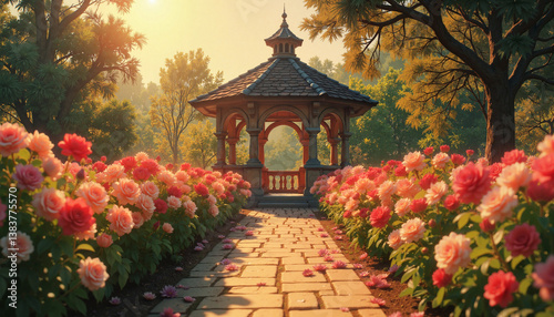 Enchanting rose pathway leading to a gazebo, romantic garden setting