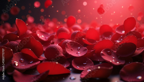 Close-up of glistening rose petals with droplets, floral beauty