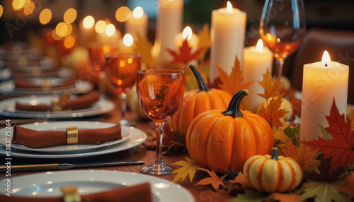 Autumn leaves and pumpkins decorating a cozy dining table, Thanksgiving spirit