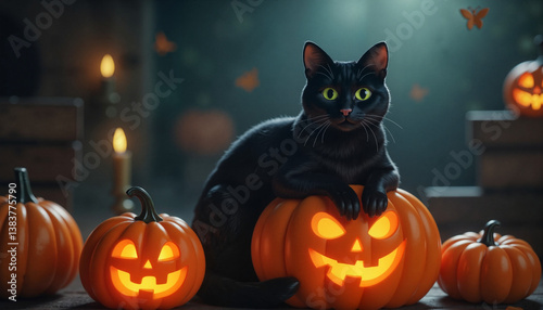 Black cat sitting on carved pumpkin in dark ambiance, Halloween spirit
