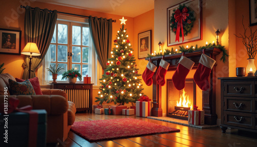 Cozy living room with festive Christmas tree and warm fireplace, holiday spirit