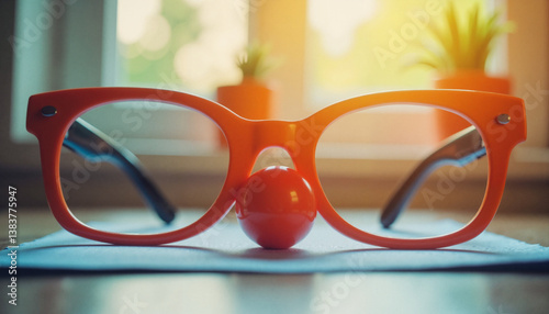 Cheerful clown glasses and nose on desk, playful humor