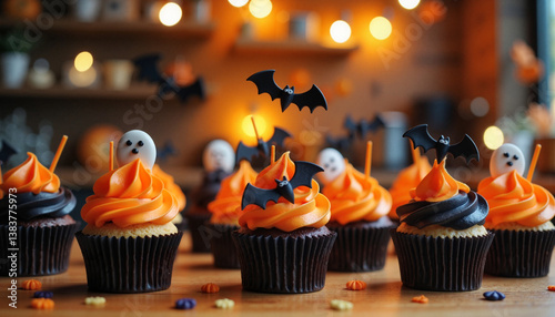 Festive Halloween cupcakes adorned with bats and ghosts in cozy kitchen, autumn celebration