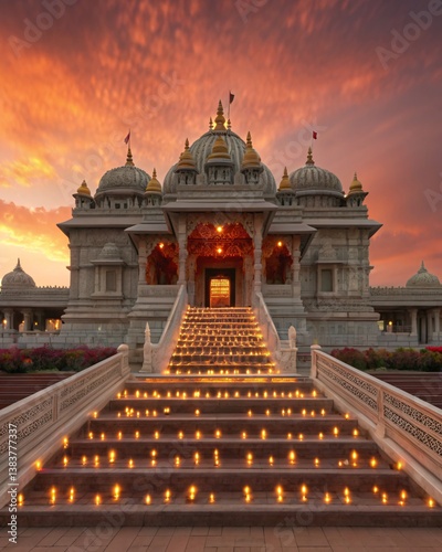 Sacred Illumination A Majestic Hindu Temple Aglow with Diyas Beneath a Divine Twilight Sky