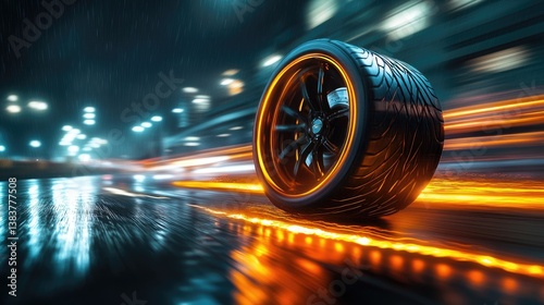 Close up of a fast tire rolling on wet urban pavement