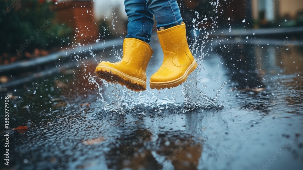 Fototapeta premium A moment of pure childhood delight unfolds as the splash captures the magic of playful freedom and rainy day adventure.