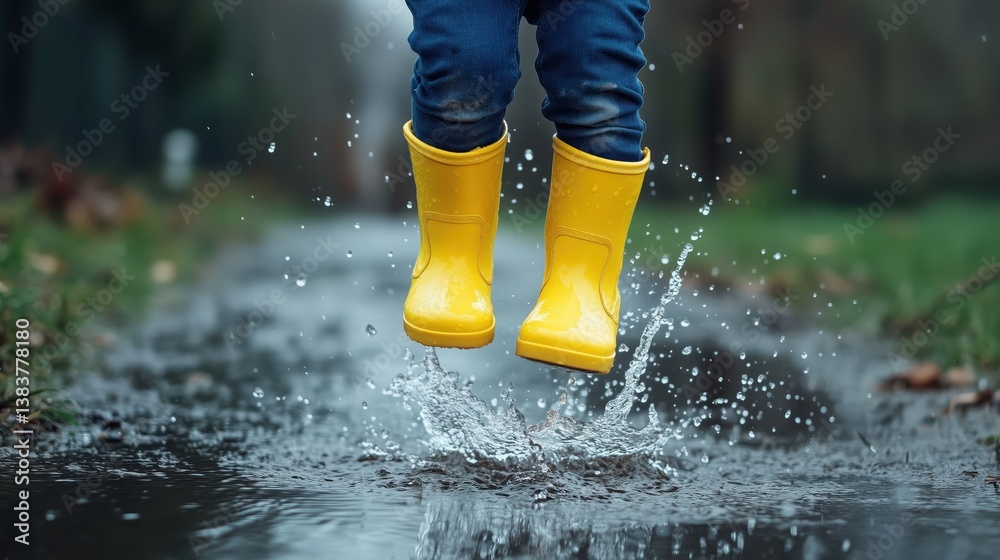 Fototapeta premium A moment of pure childhood delight unfolds as the splash captures the magic of playful freedom and rainy day adventure.