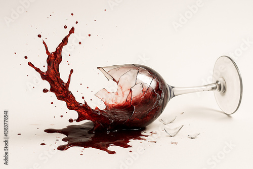 a broken wine glass spilling red wine everywhere, isolated on white