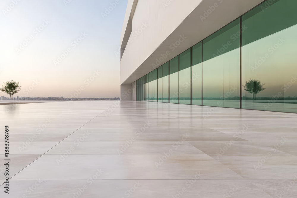 Obraz premium Modern architectural design showcasing a minimalist structure at sunset in an urban landscape