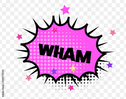 Bold WHAM text inside jagged pink comic bubble with halftone pattern and stars, evokes energy, impact, fun. Perfect for comic design, kids art, retro pop visuals. Comic pop art vector illustration