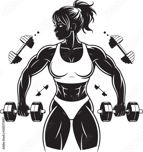 Female bodybuilder silhouette muscular weightlifting dumbbells strong arms