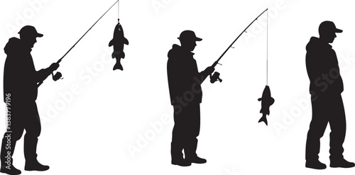 Fisherman caught fish on standing pose silhouette. vector art fishing 