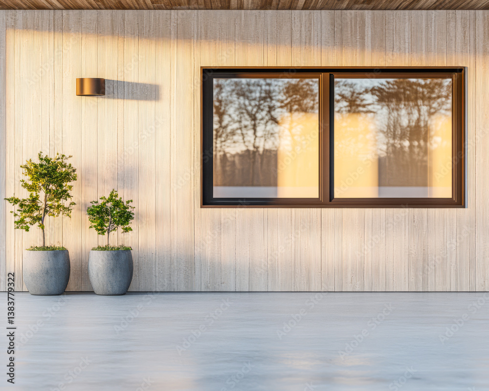Fototapeta premium Modern exterior design featuring a large window and potted plants at sunset