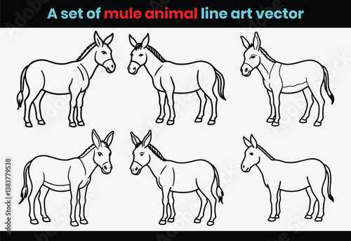 A set of mule animals, or set of horses line art vector.