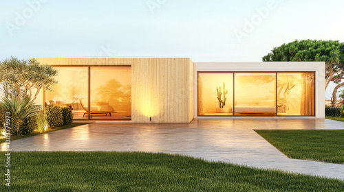 Wallpaper Mural Modern house with large windows and landscaped garden during sunset Torontodigital.ca