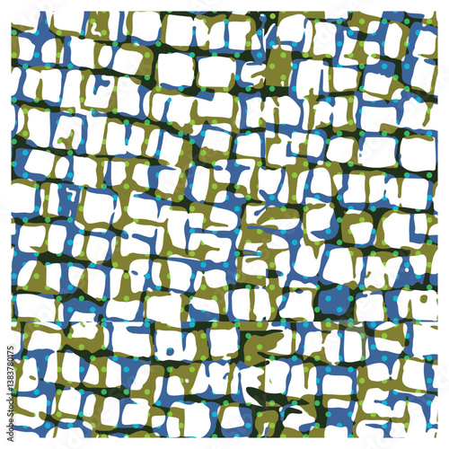 Abstract pattern with interconnected shapes in blue, white, and green.

