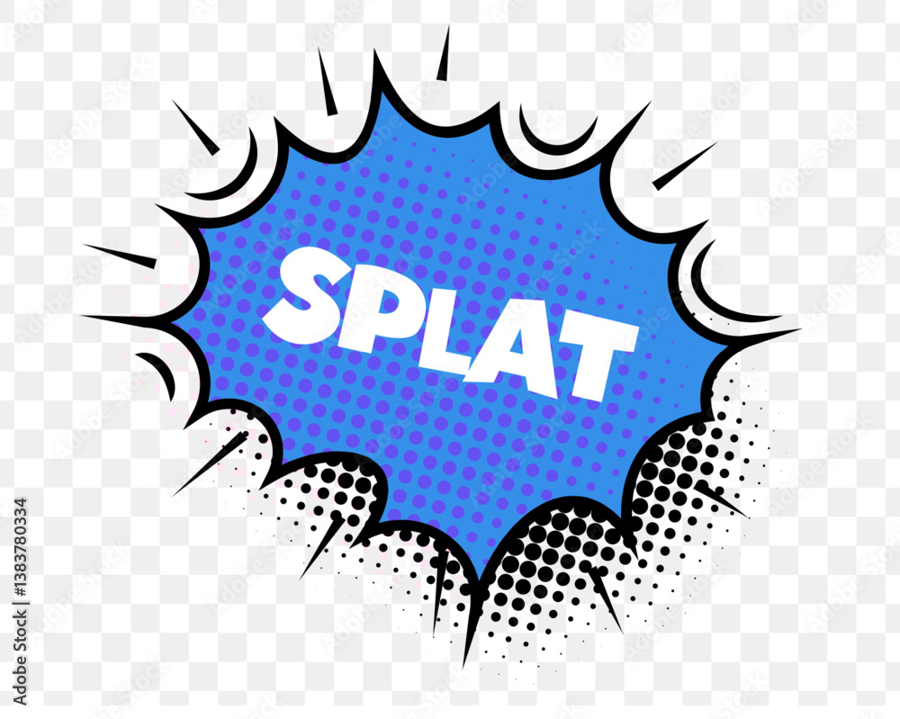 Splat text inside blue comic explosion bubble with halftone shadow and white spikes, evokes messy impact, fun, humor. Perfect for comics, kids designs, retro visuals. Pop art flat vector illustration